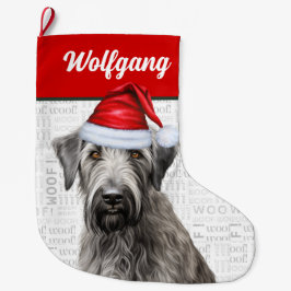 Meia De Natal Grande Lobo Irlandês de Natal com Nome Woof Fundo
