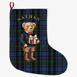 Meia De Natal Grande Luxe Preppy Plaid Christmas Teddy Bear Photo Card