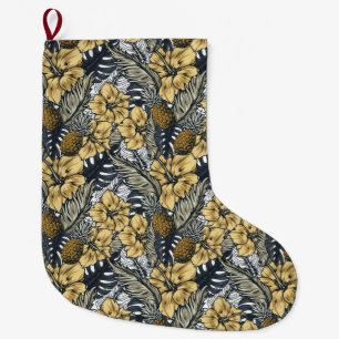 Meia De Natal Grande Luxo Elegante Flores Tropicais Dourado e Preto