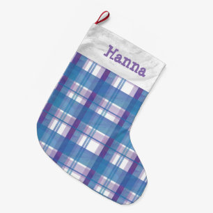 Meia De Natal Grande Madras Xadrez Azul e Roxo