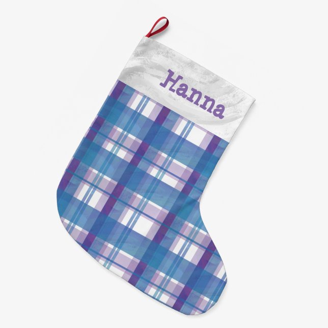 Meia De Natal Grande Madras Xadrez Azul e Roxo (Frente (Pendurada))