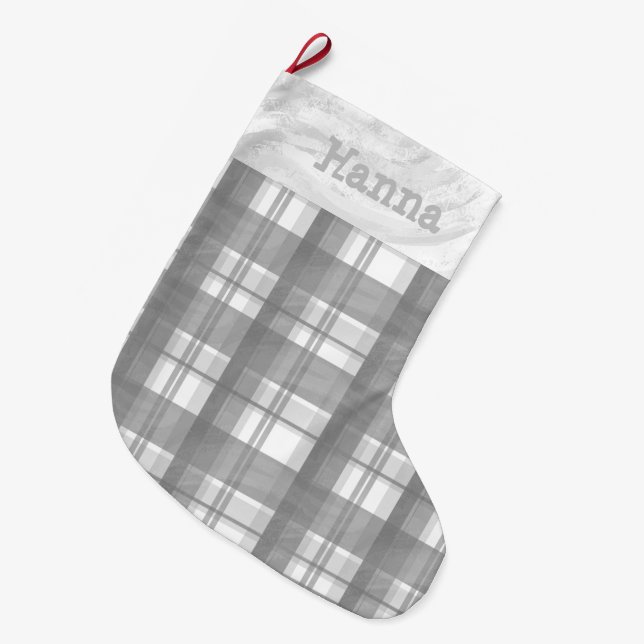Meia De Natal Grande Madras Xadrez Cinza (Frente (Pendurada))