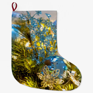 Meia De Natal Grande Magia de Natal Azul e Dourada