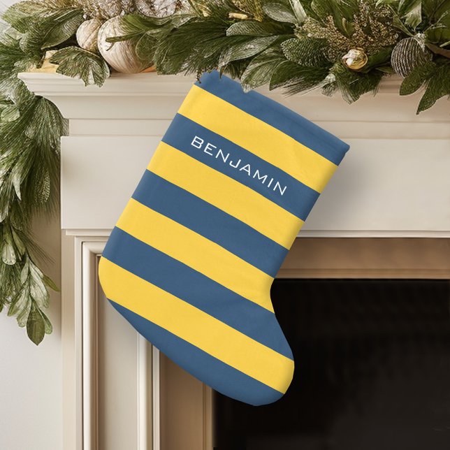 Meia De Natal Grande Marinho Azul e Amarelo Râguebi - Riscas Nome Perso (Personalized Christmas Stocking)