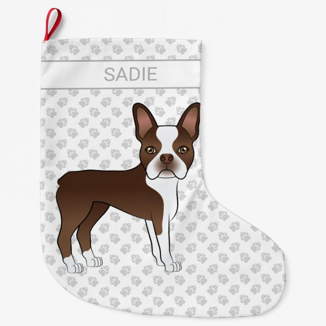 Meia De Natal Grande Marrom Boston Terrier Cartoon Dog & Custom Name (Frente)