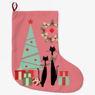 Meia De Natal Grande Meio século Moderno Legal Par de Gato e Árvore d