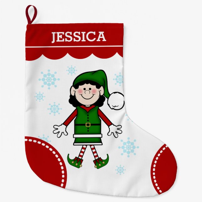 Meia De Natal Grande Menina do duende (cabelo preto) (Frente)