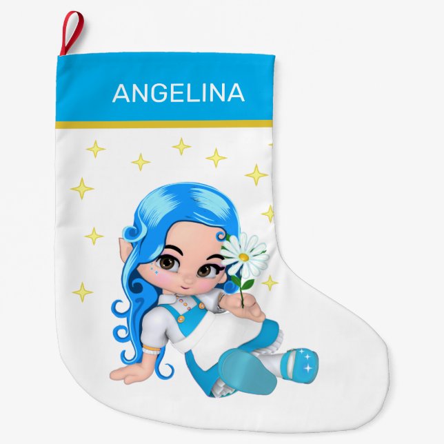 Meia De Natal Grande Menina Fada Celestial & Estrelas (Frente)