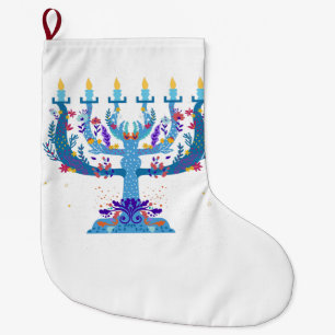 Meia De Natal Grande menorah floral hanukkah