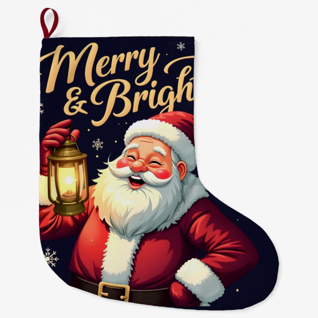 Meia De Natal Grande Merry Bright Santa Holding Lantern Illustration (Frente)