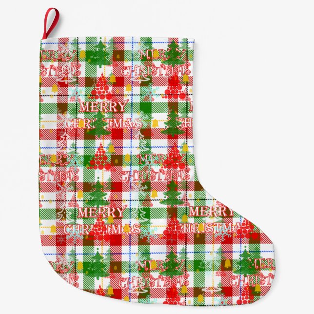 Meia De Natal Grande Merry Christmas Decorative Plaid Tartan  (Frente)