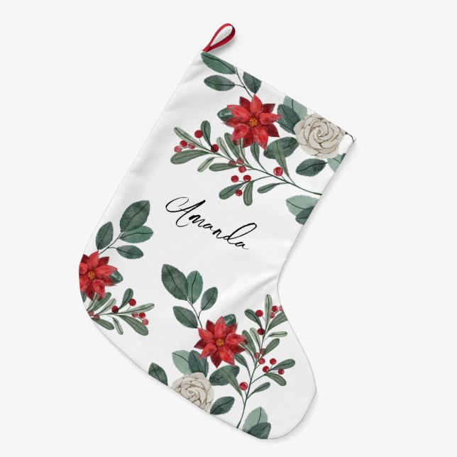 Meia De Natal Grande Merry Christmas Winter Floral (Frente (Pendurada))