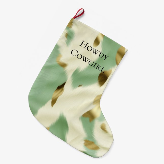 Meia De Natal Grande Mint Green Cream Dourado Cowhide (Frente (Pendurada))