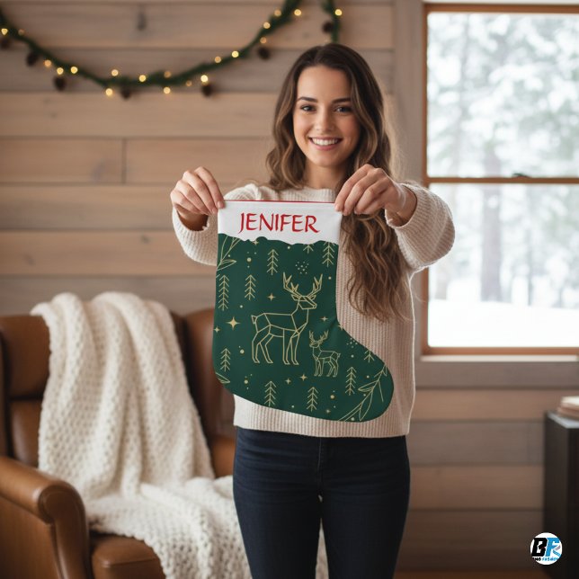 Meia De Natal Grande Modern Geometric Deer-Forest Green & Gold Minima (#christmas)