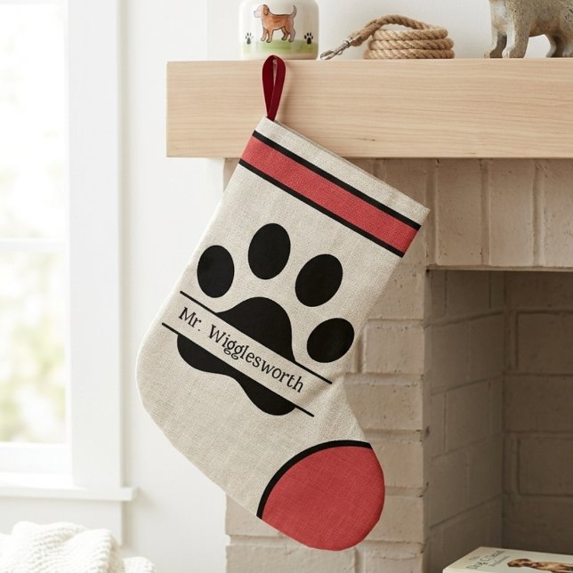 Meia De Natal Grande Modern Paw Print Red and Black Name (Modern paw print design for the pet lover — perfect Christmas gift idea for your dog or cat.)
