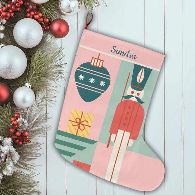 Meia De Natal Grande Moderno Rosa E Verde Do Século médio Personalizado (Mid-Century Modern Pink And Green Personalized Large Christmas Stocking)