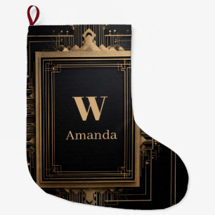 Meia De Natal Grande Moldura Dourada Art Déco com Nome Personalizado e