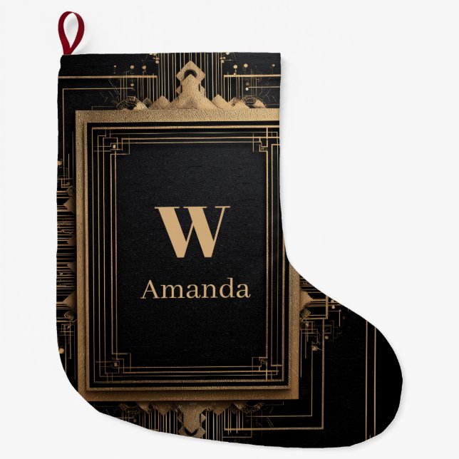 Meia De Natal Grande Moldura Dourada Art Déco com Nome Personalizado e  (Frente)