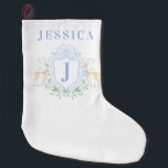 Meia De Natal Grande Monograma De Crest De Natal Com Nome<br><div class="desc">Esta estocagem de Natal tem uma design pré-disquete do milênio apresentando uma crista de Natal com cervo de ambos os lados com uma letra de monograma azul no centro. Você pode personalizar com seu nome e nome iniciais. Existe um padrão de fundo holly leaf striped.</div>