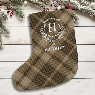 Meia De Natal Grande Monograma de Xadrez Terrestre Tartan Inicial