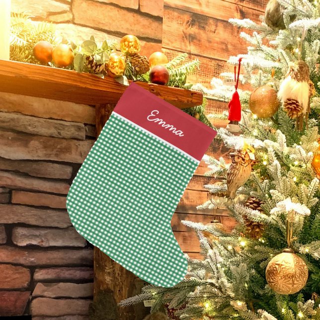 Meia De Natal Grande Monograma do Nome do Gingham Vermelho e Verde (Criador carregado)