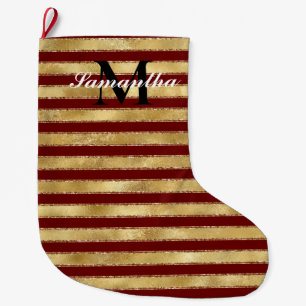 Meia De Natal Grande Monograma Dourado de Stripes Vermelhas