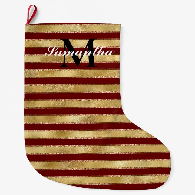 Meia De Natal Grande Monograma Dourado de Stripes Vermelhas (Frente)