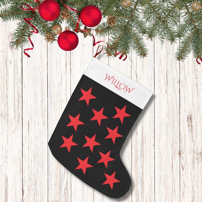 Meia De Natal Grande Monograma moderno de padrão preto e vermelho (Criador carregado)