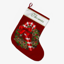 Meia De Natal Grande Monograma Personalizado de Fita Vermelha do Cane C