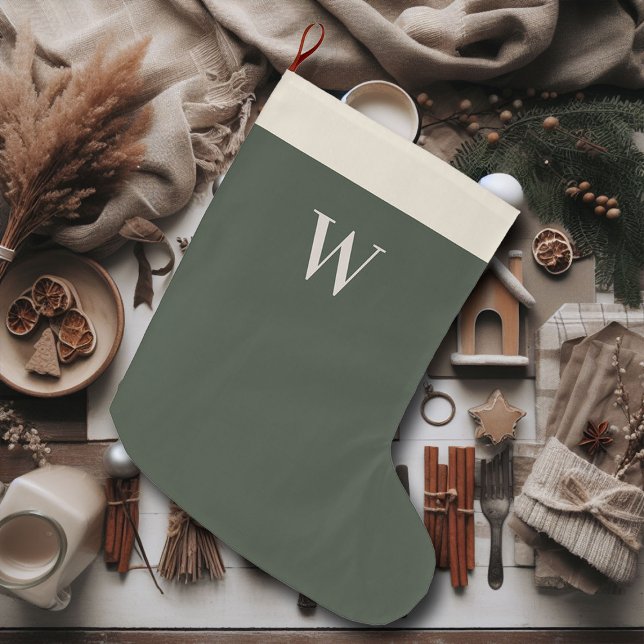 Meia De Natal Grande Monograma Verde da Casa Farmada de Natal Neutra (farmhouse christmas stocking personalized moss green monogram)