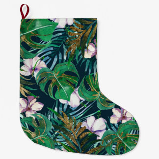 Meia De Natal Grande Monstro Dourado Verde Tropical Lilac Deixa Floral