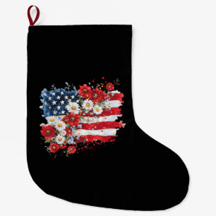 Meia De Natal Grande Mulheres Florais Americano Bandeira EUA Flores Sil