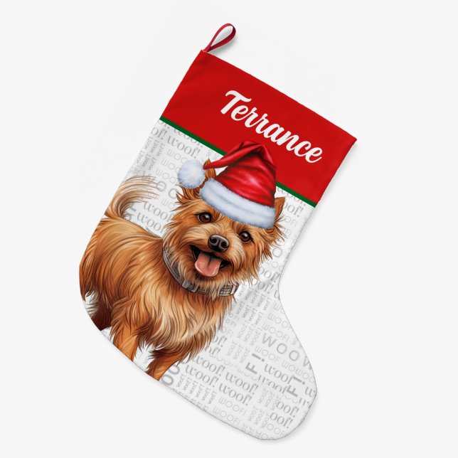 Meia De Natal Grande Natal australiano Terrier Dog Name Woof (Frente (Pendurada))