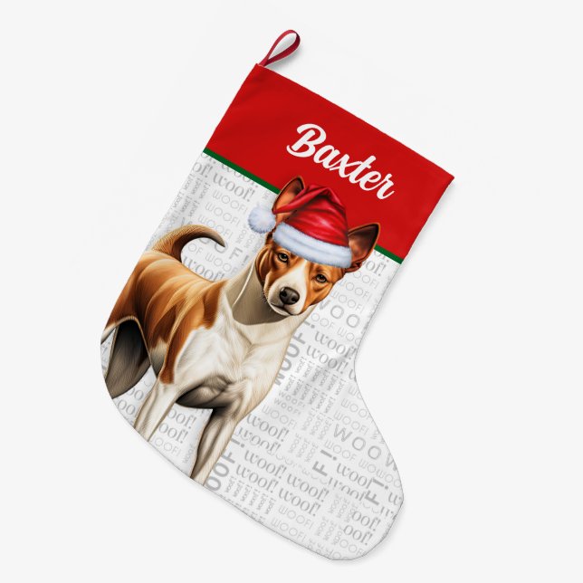 Meia De Natal Grande Natal Basenji Dog Name Woof (Frente (Pendurada))