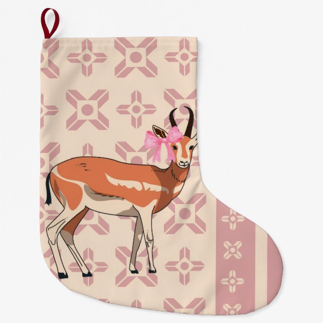 Meia De Natal Grande Natal Chic Rosa com Padrão de Corça (Frente)
