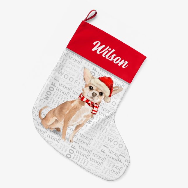 Meia De Natal Grande Natal Chihuahua com nome de cão (Frente (Pendurada))