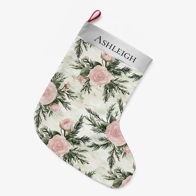 Meia De Natal Grande Natal das Flores Brancas Silver Rosa (Frente (Pendurada))