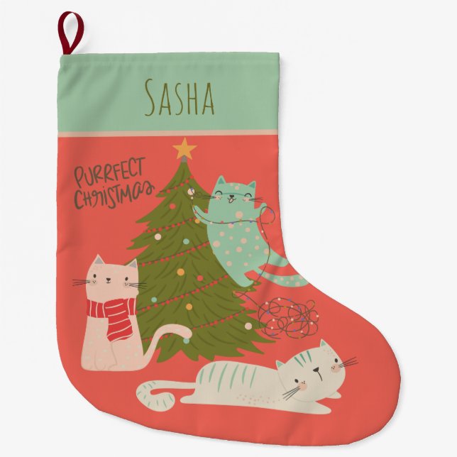 Meia De Natal Grande Natal de Cat Personalizado (Frente)