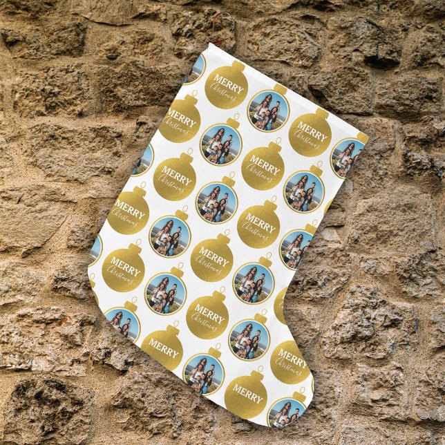 Meia De Natal Grande Natal de Ornamentos de Fotos Dourados Elegantes Pe (Custom Elegant Gold Photo Ornaments Christmas Large Christmas Stocking)