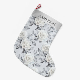 Meia De Natal Grande Natal Floral das Rosas Brancas de Prata Chic