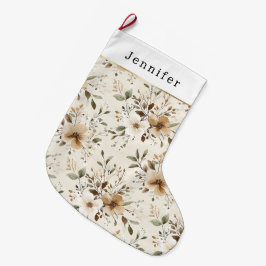 Meia De Natal Grande Natal Floral Marrom Branco Creme