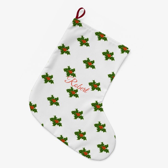 Meia De Natal Grande Natal Holly Pattern (Frente (Pendurada))