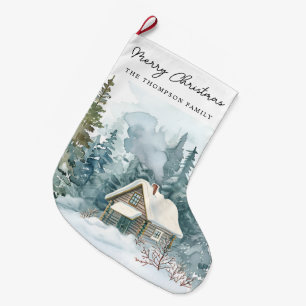 Meia De Natal Grande Natal Manuscrito Aconchegante de Cabana em Aquarel