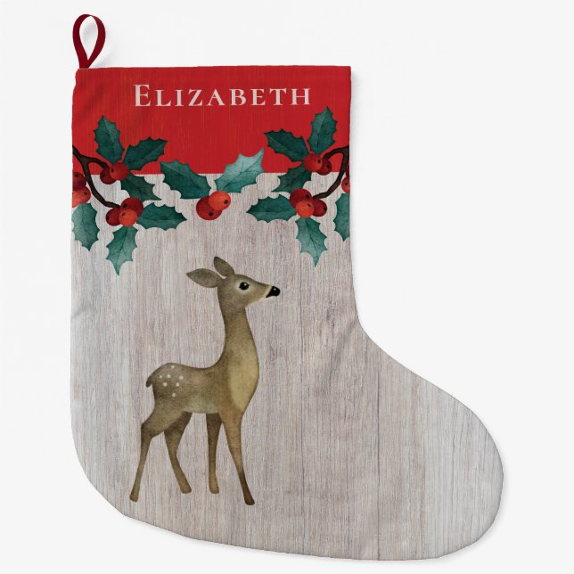 Meia De Natal Grande Natal Rustic Deer Floral Monograma (Frente)
