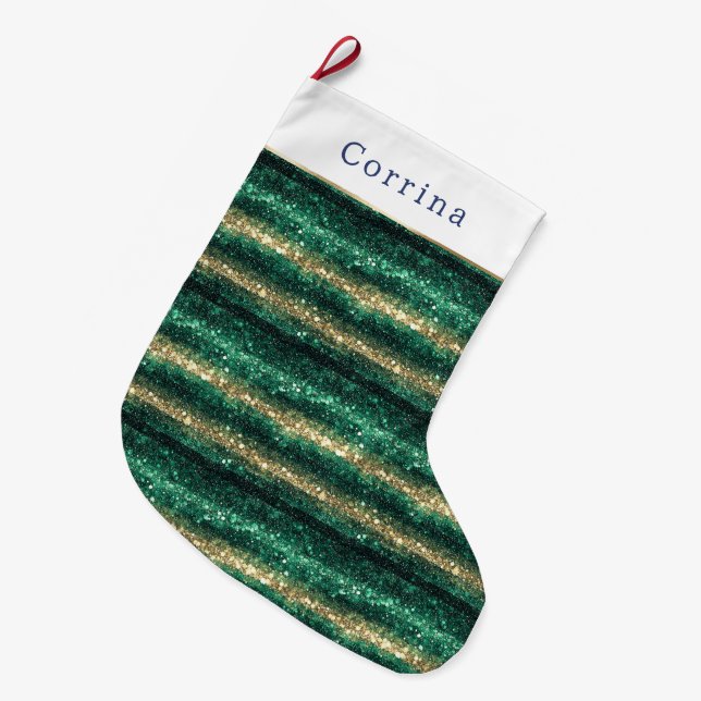 Meia De Natal Grande Natal Verde Dourado Glitter (Frente (Pendurada))