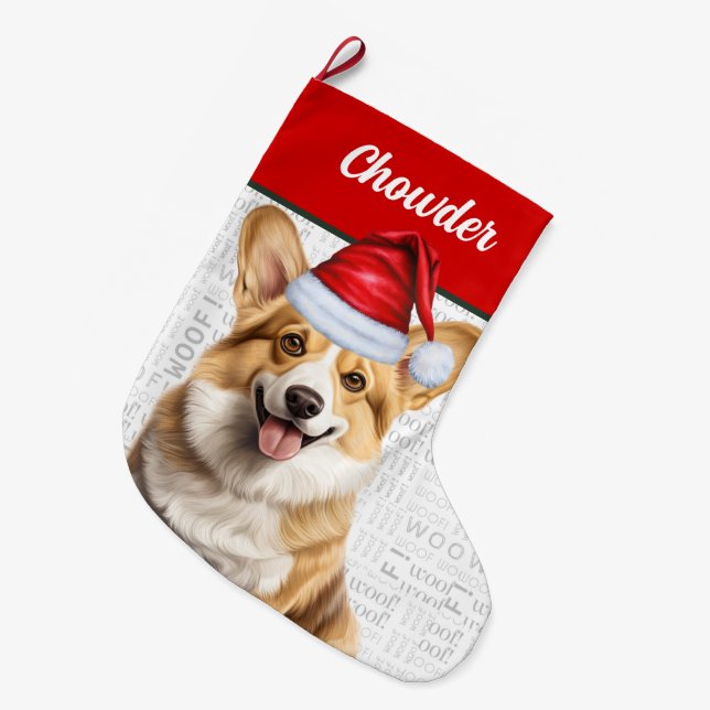 Meia De Natal Grande Natal Welsh Corgi Name Woof Background (Frente (Pendurada))