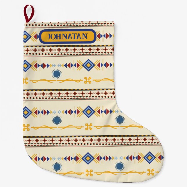 Meia De Natal Grande Native American Inspired Pattern in Red, Blue,Gold (Frente)
