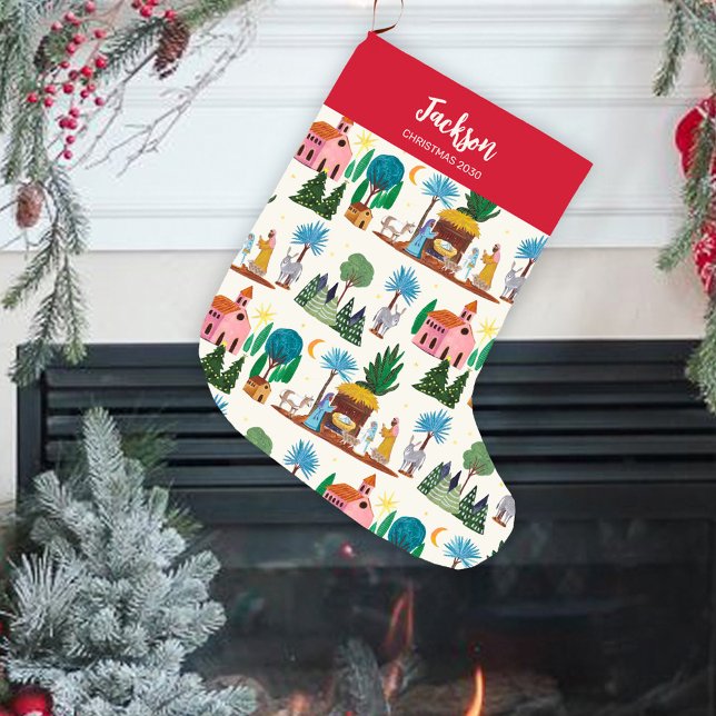 Meia De Natal Grande Nativity Scene Ecru Hand drawn Christmas (Nativity Scene Ecru Hand drawn Christmas Large Christmas Stocking)
