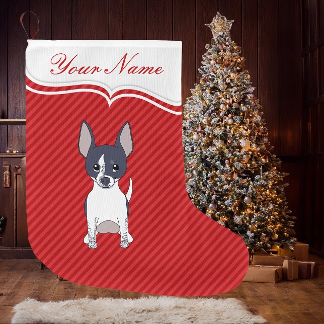 Meia De Natal Grande Negra Branca Sorrindo Cartoon Chihuahua Puppy Cach (Black White Smiling Cartoon Chihuahua Dog Christmas Stocking)