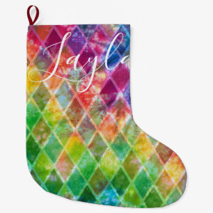 Meia De Natal Grande Neon Tie Dye Watercolor Harlequin Argyle